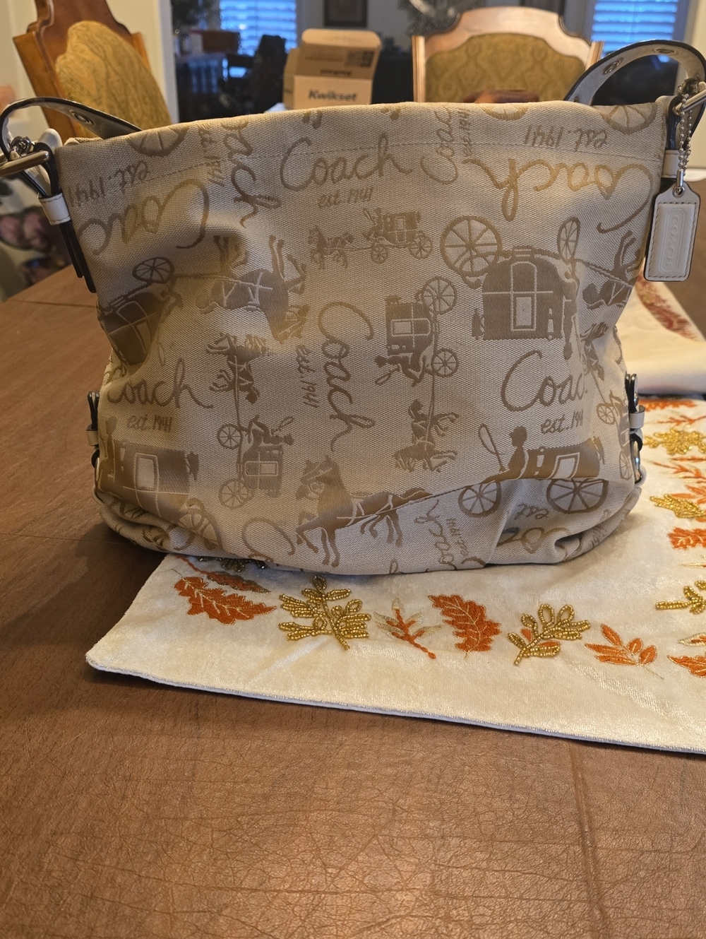 Coach Convertible Tan & Cream Signature Print Hobo Bag